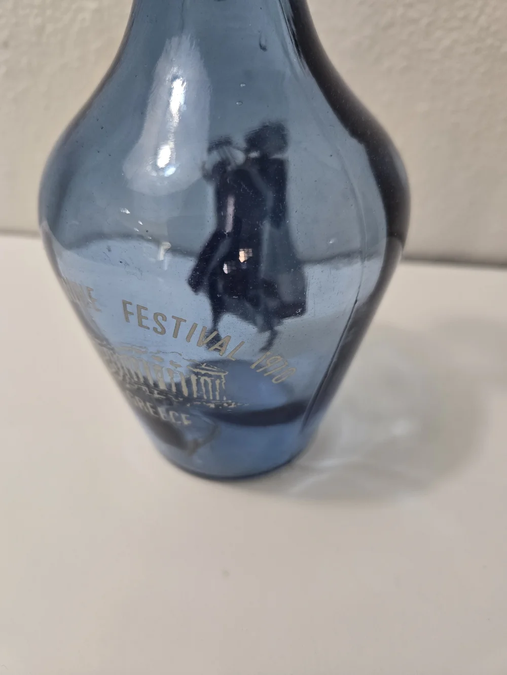 Vintage Blue Glass Decorative Bottle Vase - Greece Souvenir - 1970